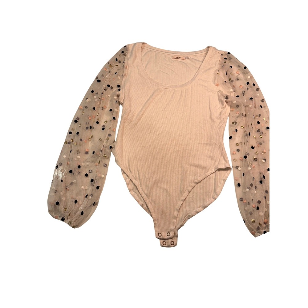 Mi Ami Pink Ribbed Bodysuit Sheer Polka Dot Mesh Balloon Sleeve Med CN3743-FNS